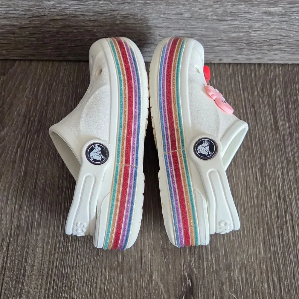 CROCS KIDS BAYABAND RAINBOW GLITTER CLOG WHITE Size 8